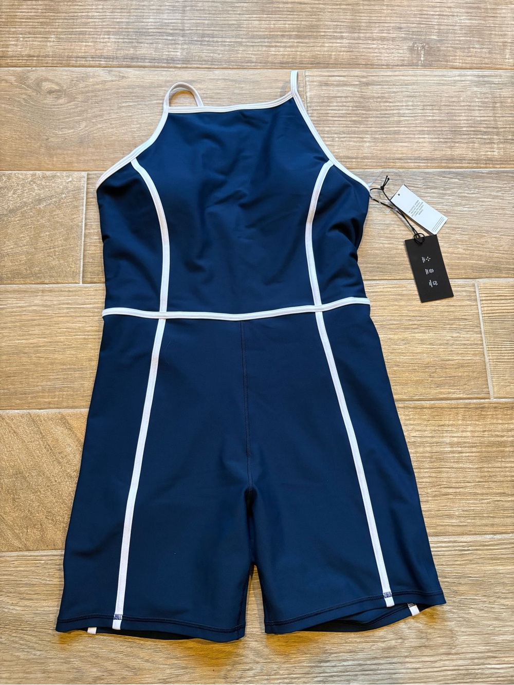 Abercrombie and Fitch YPB Sculpt Lux High Neck Romper, Navy, Size Large